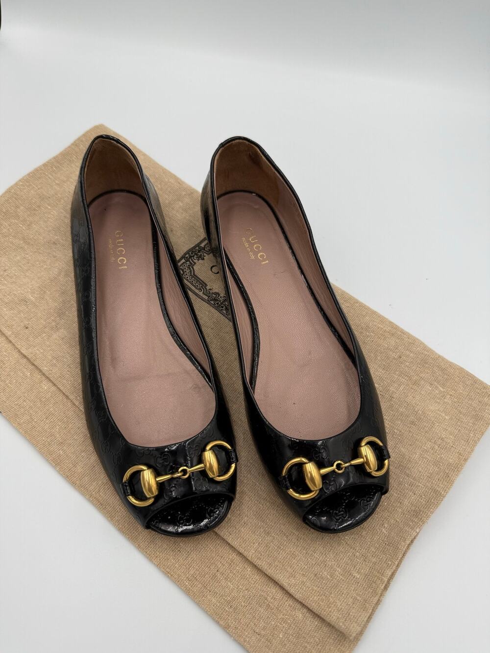 Gucci Flats 6.5 C Bamboo Horsebit GG Monogram Leather Trim Black Canvas